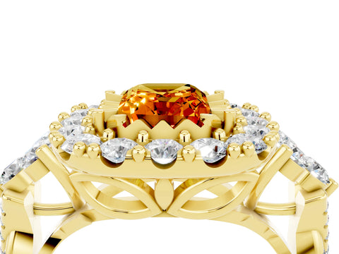 Yellow gold Emerald Cut Citrine Halo Ring with Pavé Band and Four-Prong Setting_16