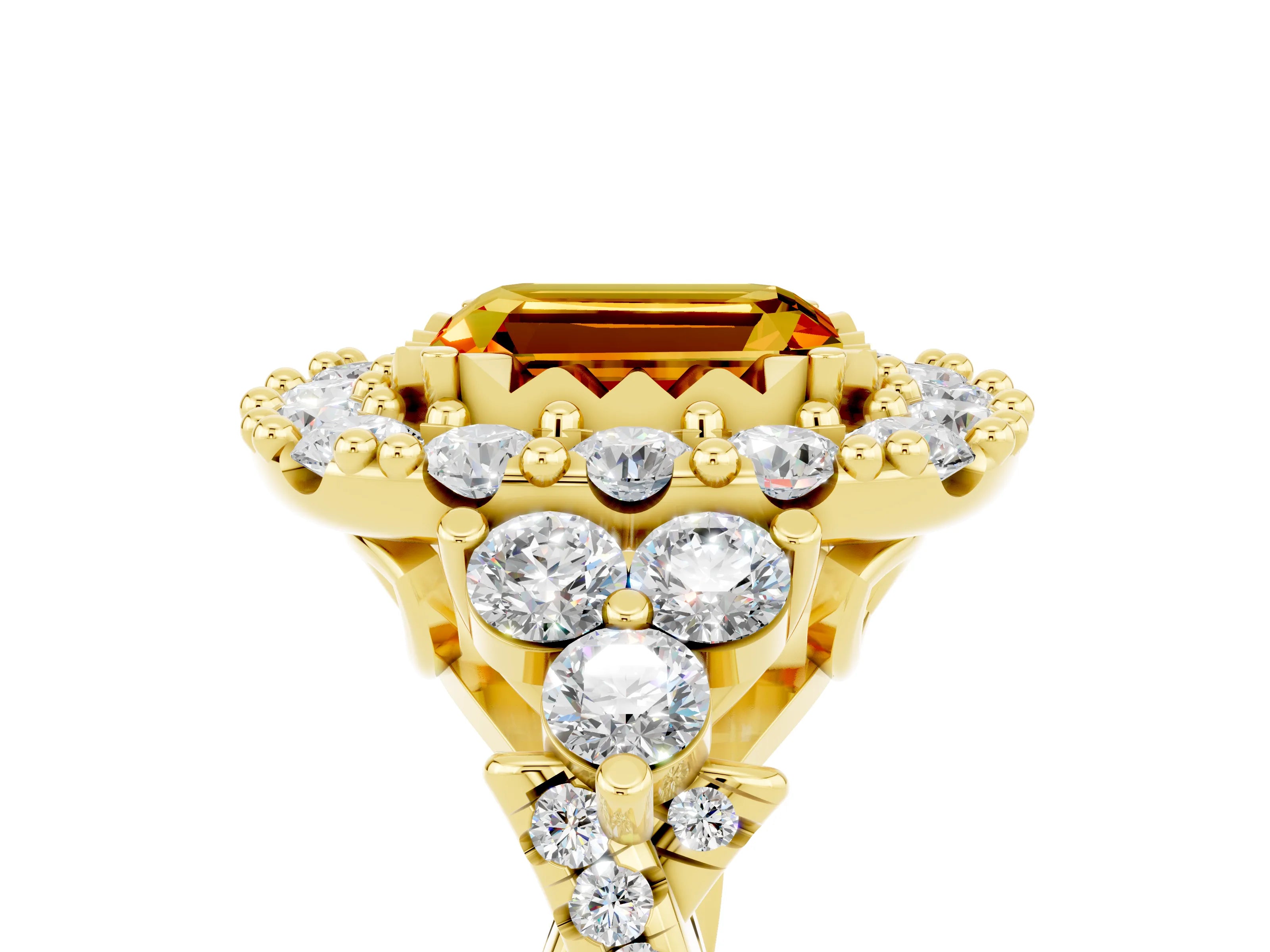 Yellow gold Emerald Cut Citrine Halo Ring with Pavé Band and Four-Prong Setting_17
