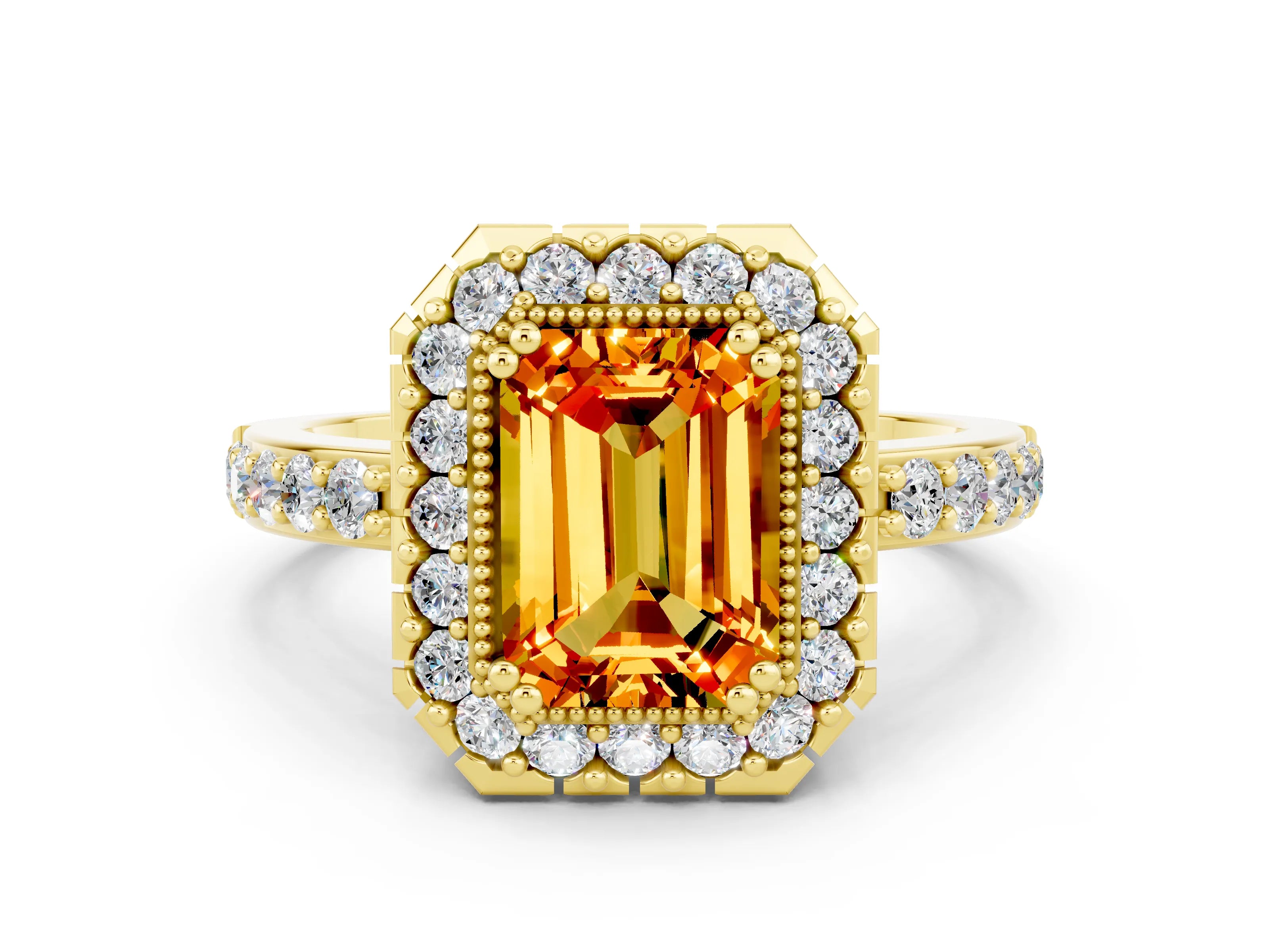 Yellow gold Emerald Cut Citrine Halo Ring with Pavé Band and Prong Setting