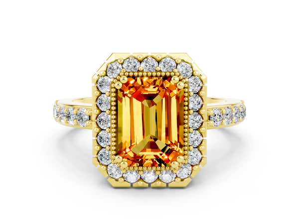 Yellow gold Emerald Cut Citrine Halo Ring with Pavé Band and Prong Setting