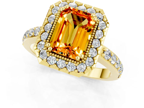 Yellow gold Emerald Cut Citrine Halo Ring with Pavé Band and Prong Setting_1