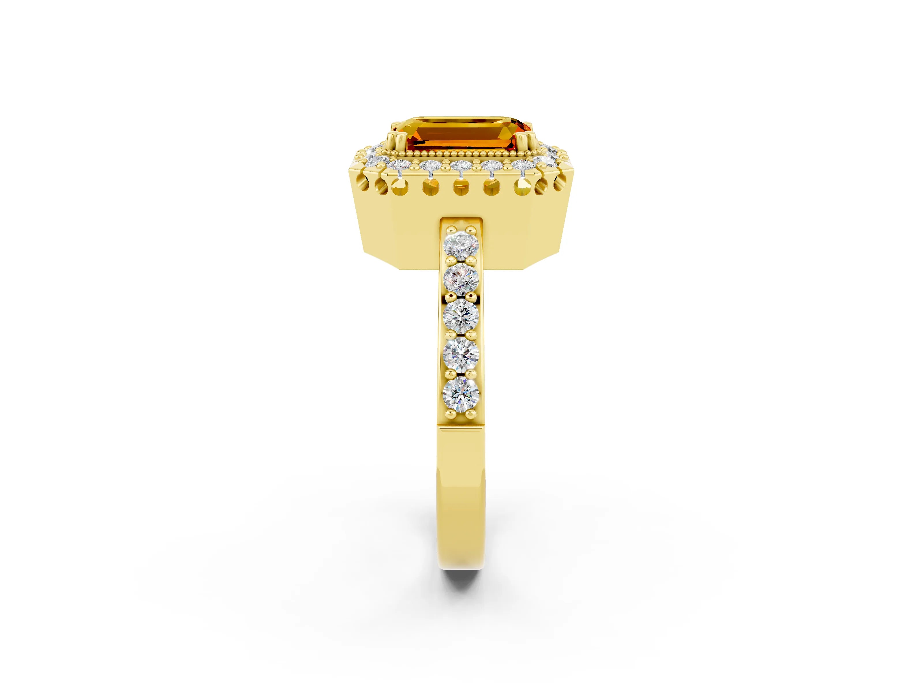 Yellow gold Emerald Cut Citrine Halo Ring with Pavé Band and Prong Setting_2