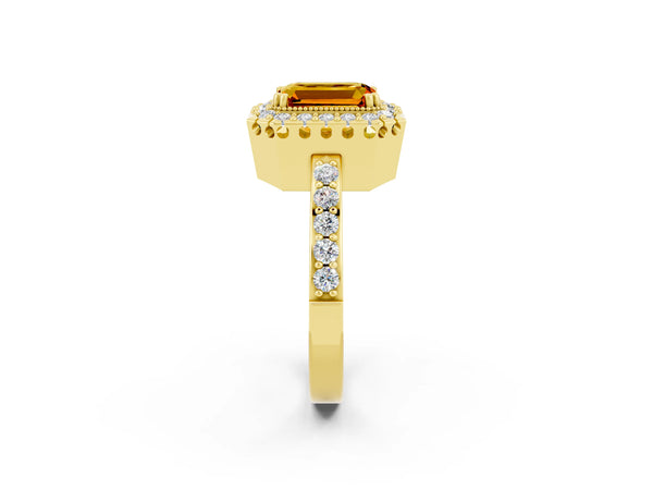 Yellow gold Emerald Cut Citrine Halo Ring with Pavé Band and Prong Setting