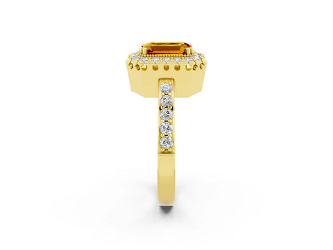 Yellow gold Emerald Cut Citrine Halo Ring with Pavé Band and Prong Setting_2
