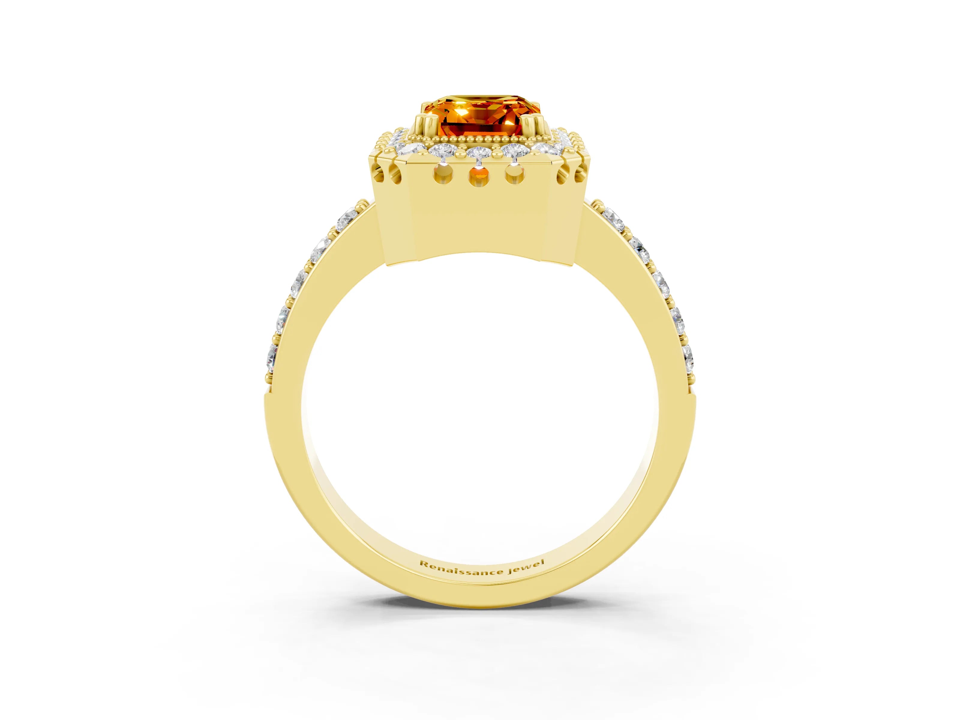 Yellow gold Emerald Cut Citrine Halo Ring with Pavé Band and Prong Setting_3