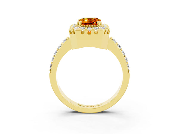 Yellow gold Emerald Cut Citrine Halo Ring with Pavé Band and Prong Setting