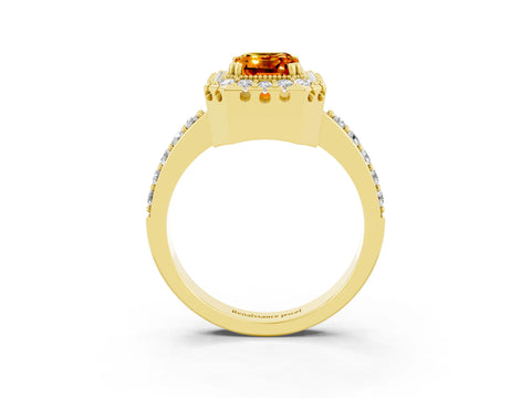 Yellow gold Emerald Cut Citrine Halo Ring with Pavé Band and Prong Setting_3