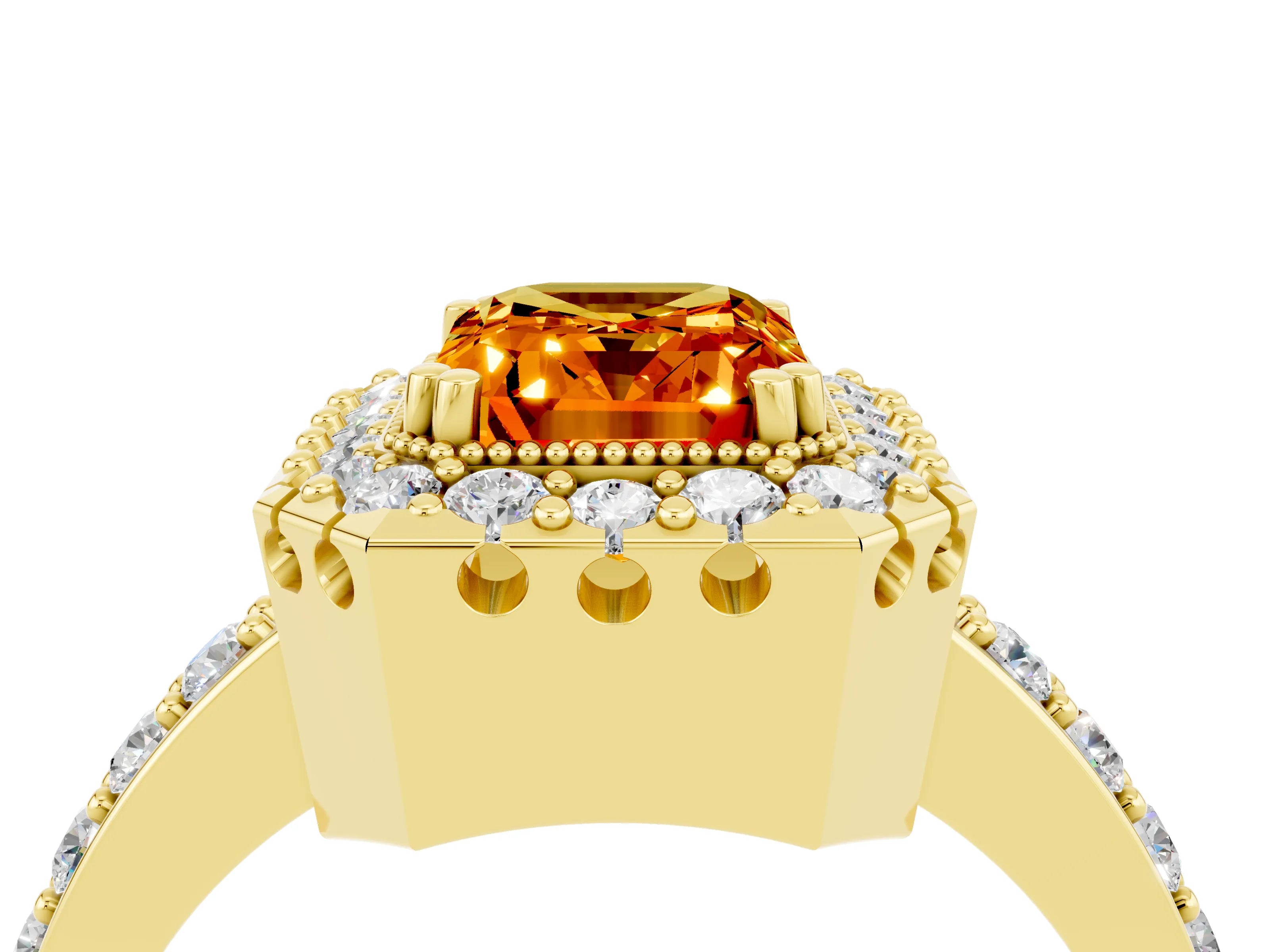 Yellow gold Emerald Cut Citrine Halo Ring with Pavé Band and Prong Setting_4