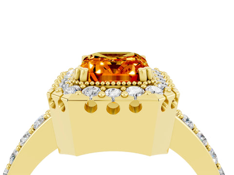 Yellow gold Emerald Cut Citrine Halo Ring with Pavé Band and Prong Setting_4