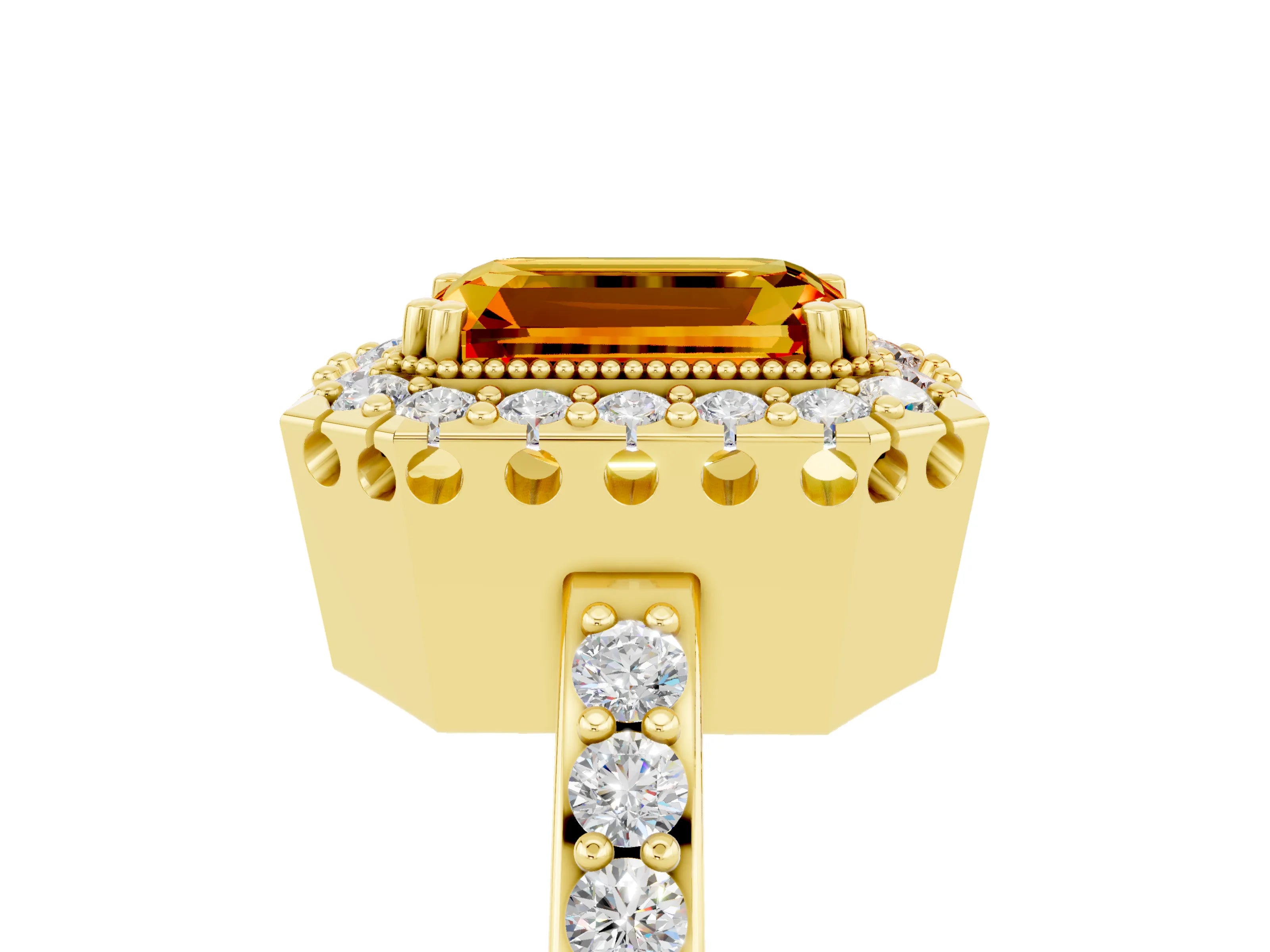 Yellow gold Emerald Cut Citrine Halo Ring with Pavé Band and Prong Setting_5