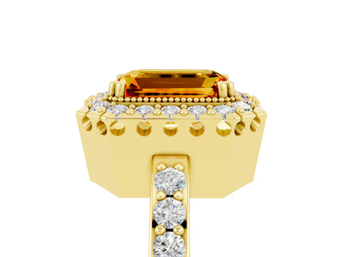 Yellow gold Emerald Cut Citrine Halo Ring with Pavé Band and Prong Setting_5