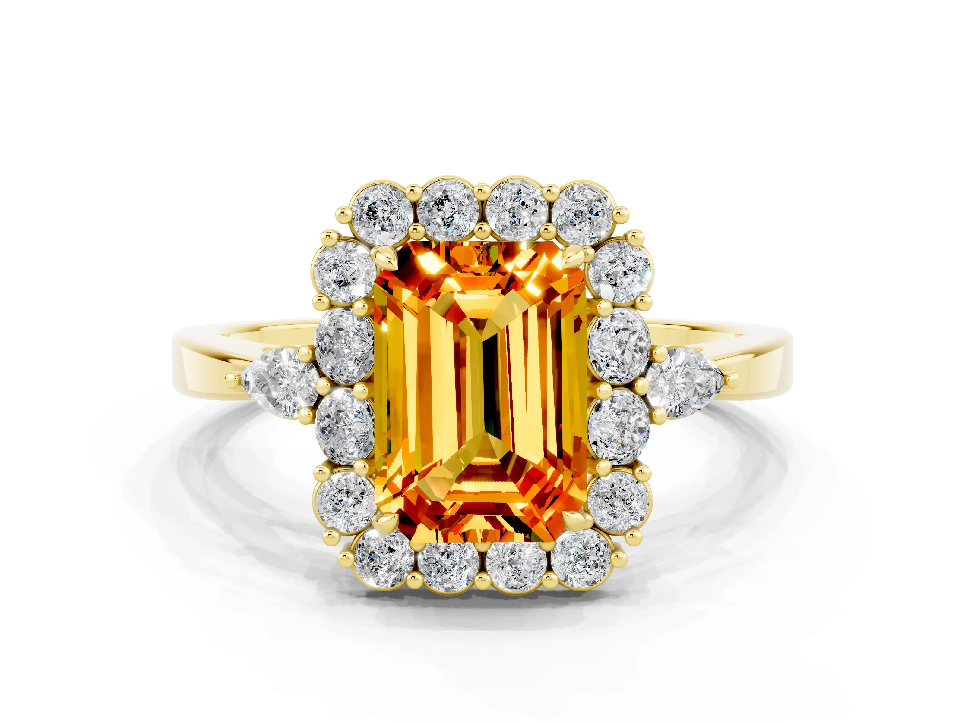 Yellow gold Emerald Cut Citrine Halo Ring with Pear Side Stones and Prong Setting_12