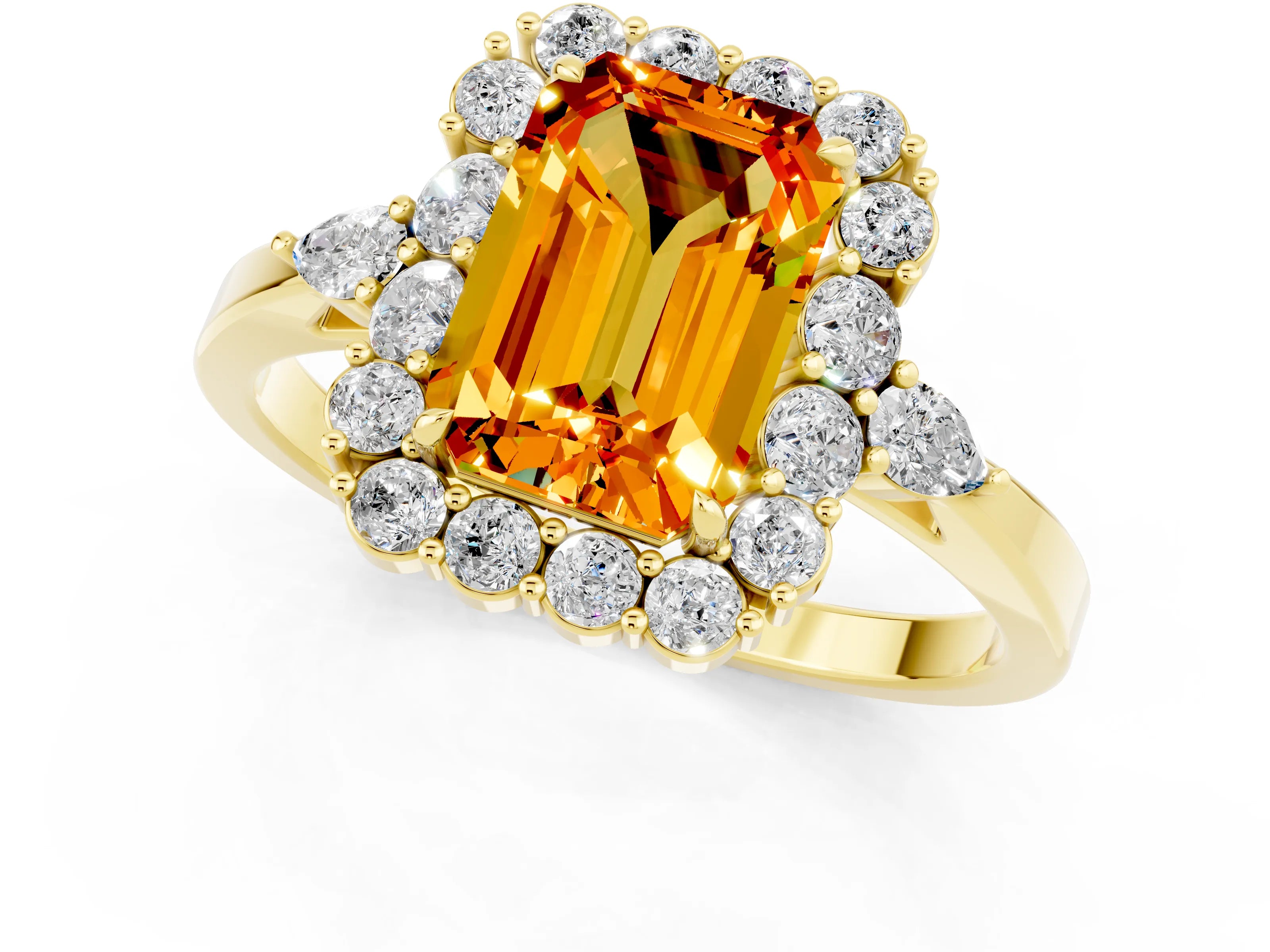 Yellow gold Emerald Cut Citrine Halo Ring with Pear Side Stones and Prong Setting_13