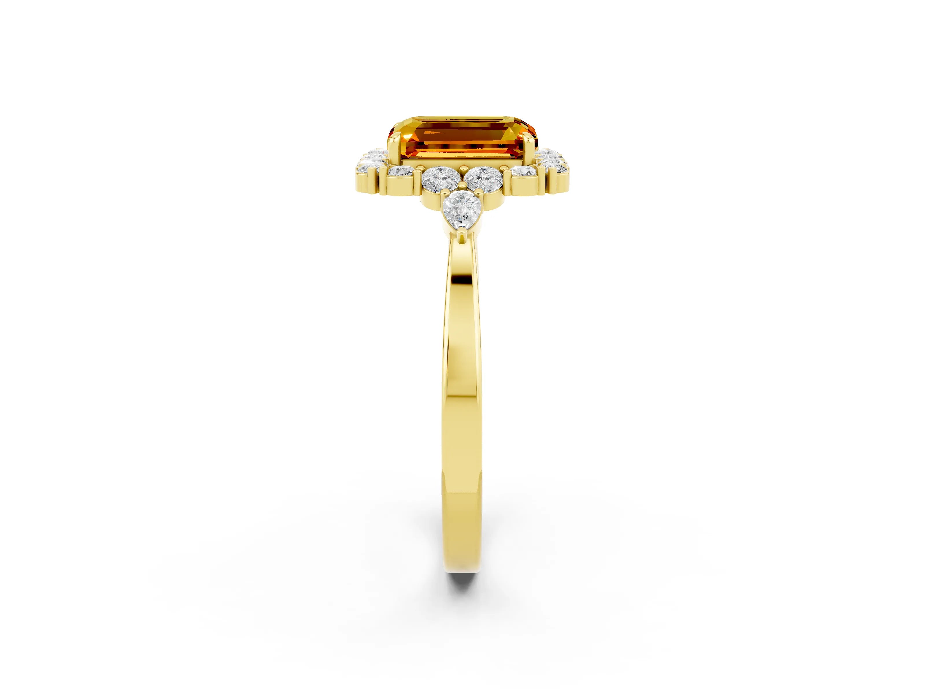 Yellow gold Emerald Cut Citrine Halo Ring with Pear Side Stones and Prong Setting_14
