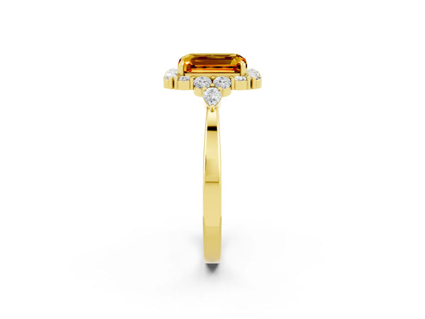 Yellow gold Emerald Cut Citrine Halo Ring with Pear Side Stones and Prong Setting