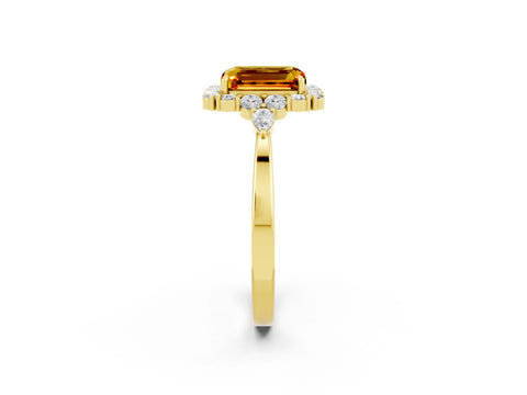 Yellow gold Emerald Cut Citrine Halo Ring with Pear Side Stones and Prong Setting_14