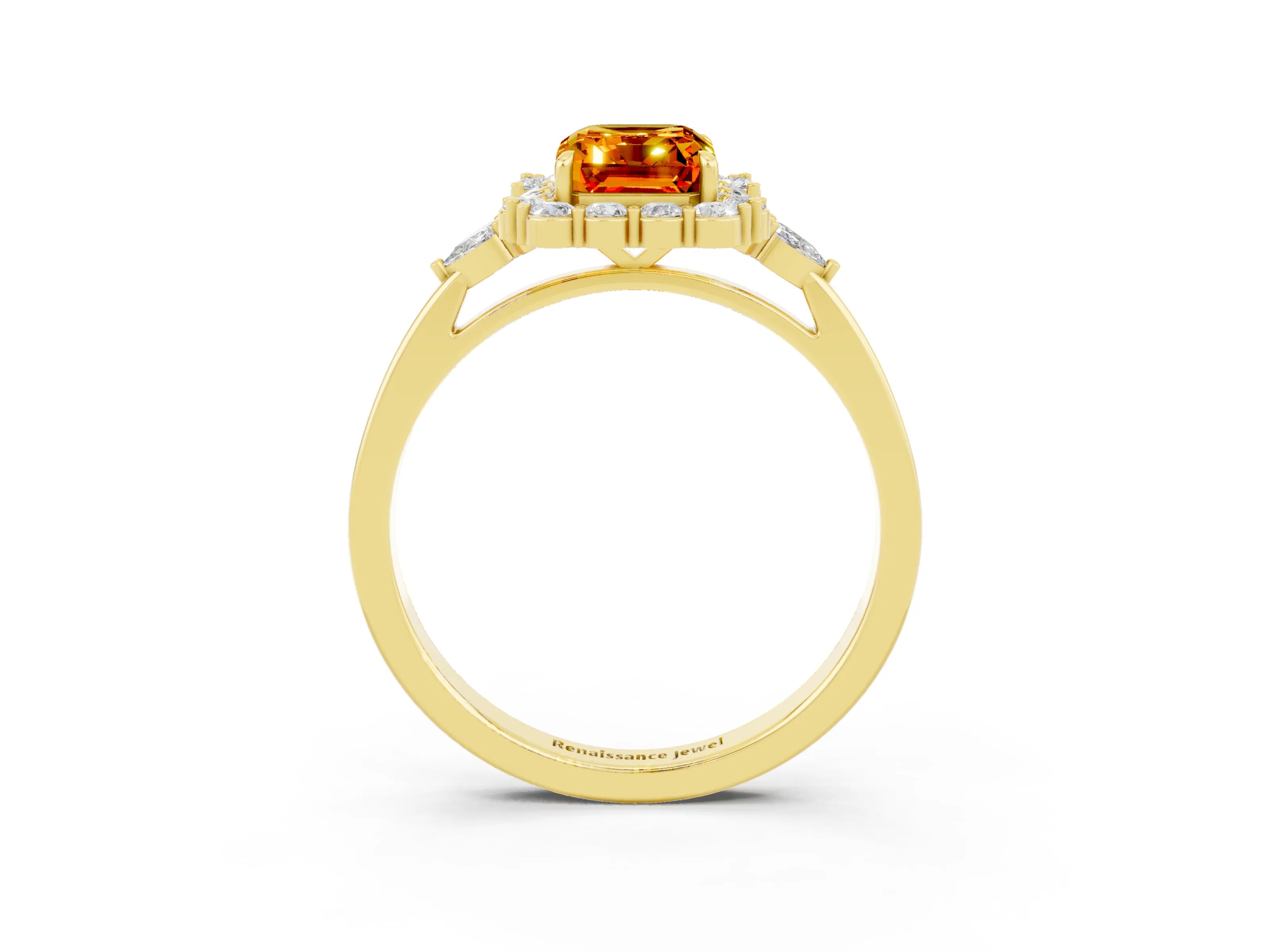 Yellow gold Emerald Cut Citrine Halo Ring with Pear Side Stones and Prong Setting_15