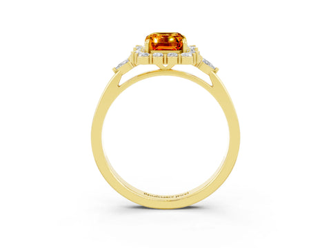 Yellow gold Emerald Cut Citrine Halo Ring with Pear Side Stones and Prong Setting_15