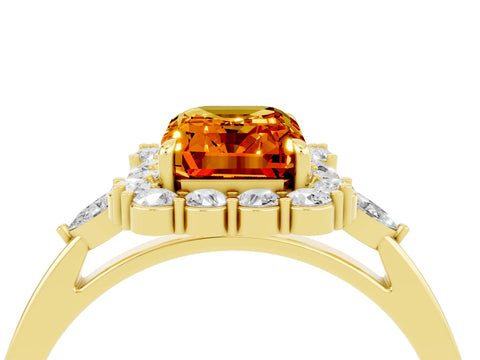 Yellow gold Emerald Cut Citrine Halo Ring with Pear Side Stones and Prong Setting_16