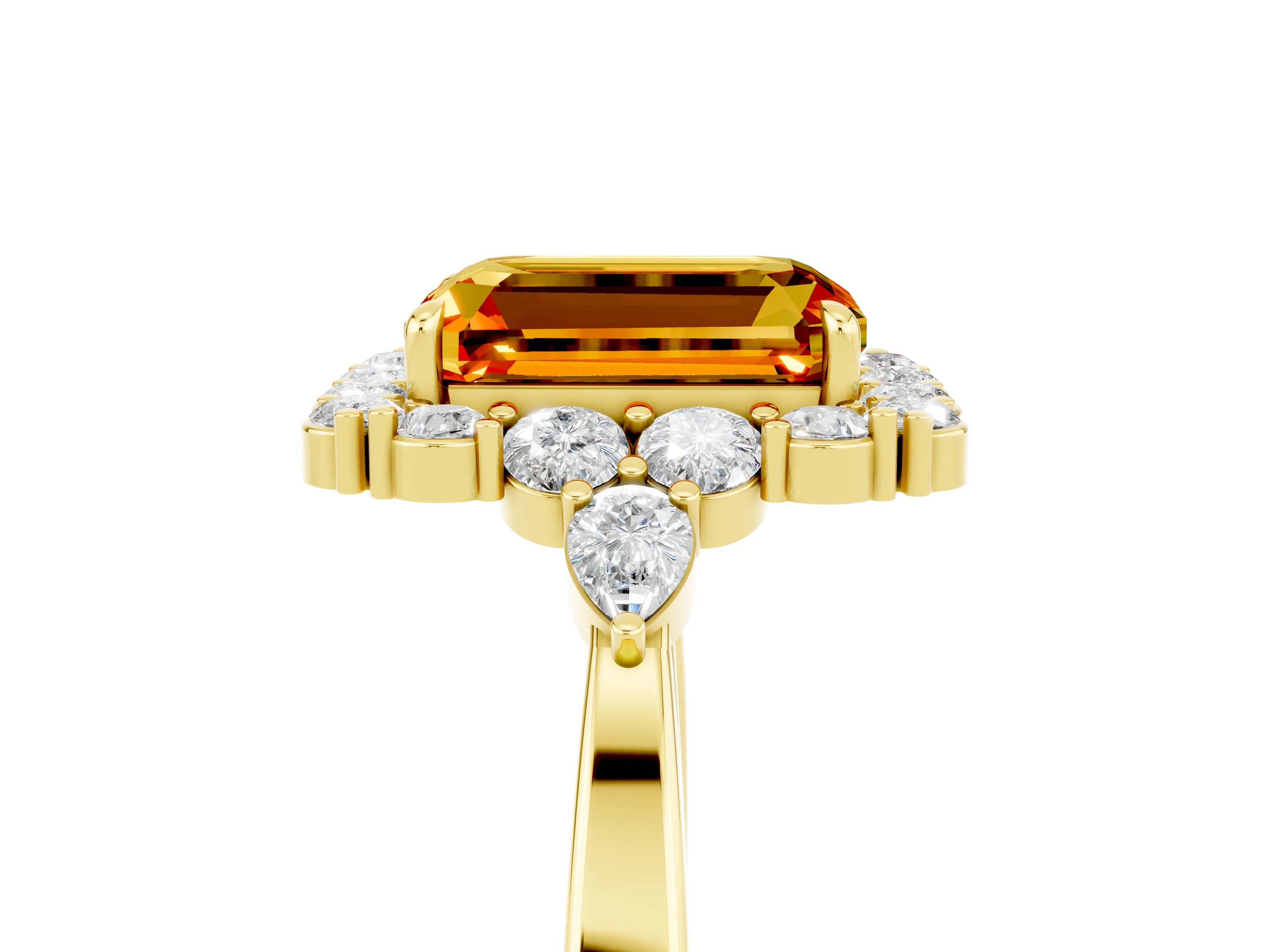 Yellow gold Emerald Cut Citrine Halo Ring with Pear Side Stones and Prong Setting_17