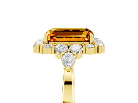 Yellow gold Emerald Cut Citrine Halo Ring with Pear Side Stones and Prong Setting_17