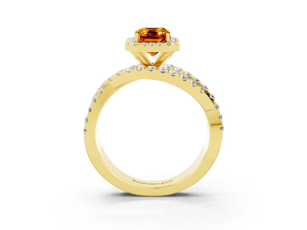 Yellow gold Emerald Cut Citrine Halo Ring with Round Split Shank and Prong Setting
