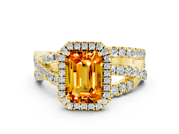Yellow gold Emerald Cut Citrine Halo Ring with Round Split Shank and Prong Setting