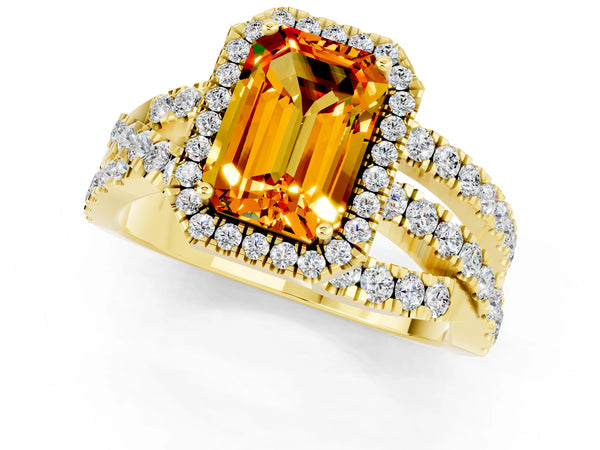 Yellow gold Emerald Cut Citrine Halo Ring with Round Split Shank and Prong Setting