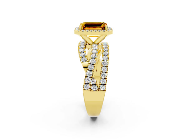 Yellow gold Emerald Cut Citrine Halo Ring with Round Split Shank and Prong Setting