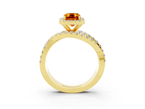 Yellow gold Emerald Cut Citrine Halo Ring with Round Split Shank and Prong Setting
