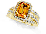 Yellow gold Emerald Cut Citrine Halo Ring with Round Split Shank and Prong Setting_49