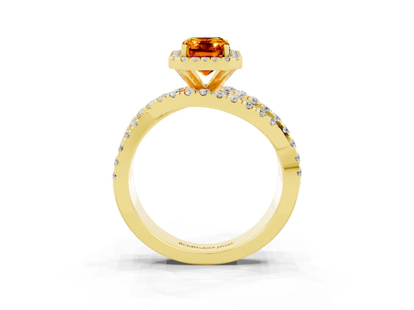 Yellow gold Emerald Cut Citrine Halo Ring with Round Split Shank and Prong Setting