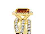 Yellow gold Emerald Cut Citrine Halo Ring with Round Split Shank and Prong Setting_53