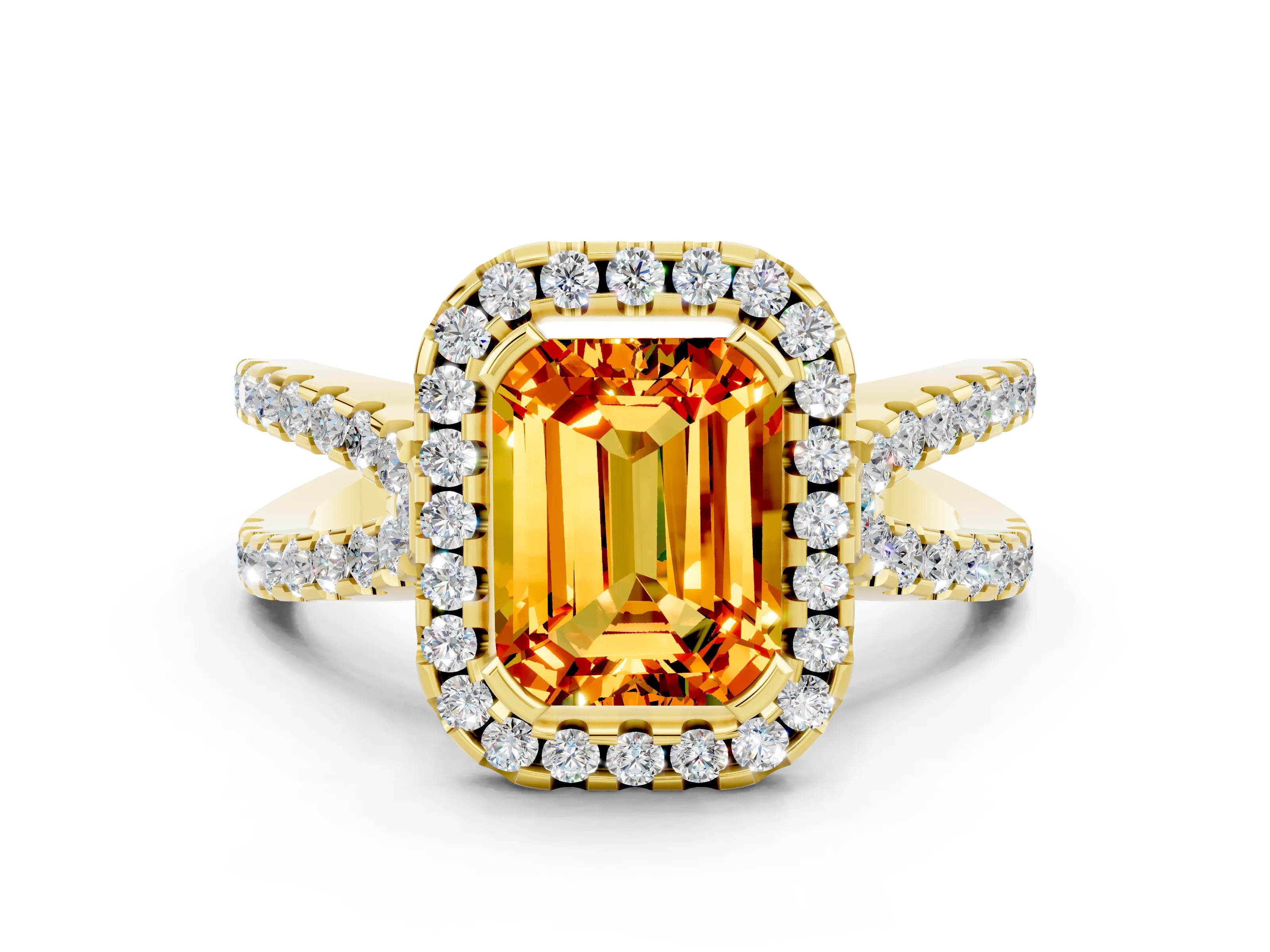 Yellow gold Emerald Cut Citrine Halo Ring with Split Shank Pavé Band and Prong Setting
