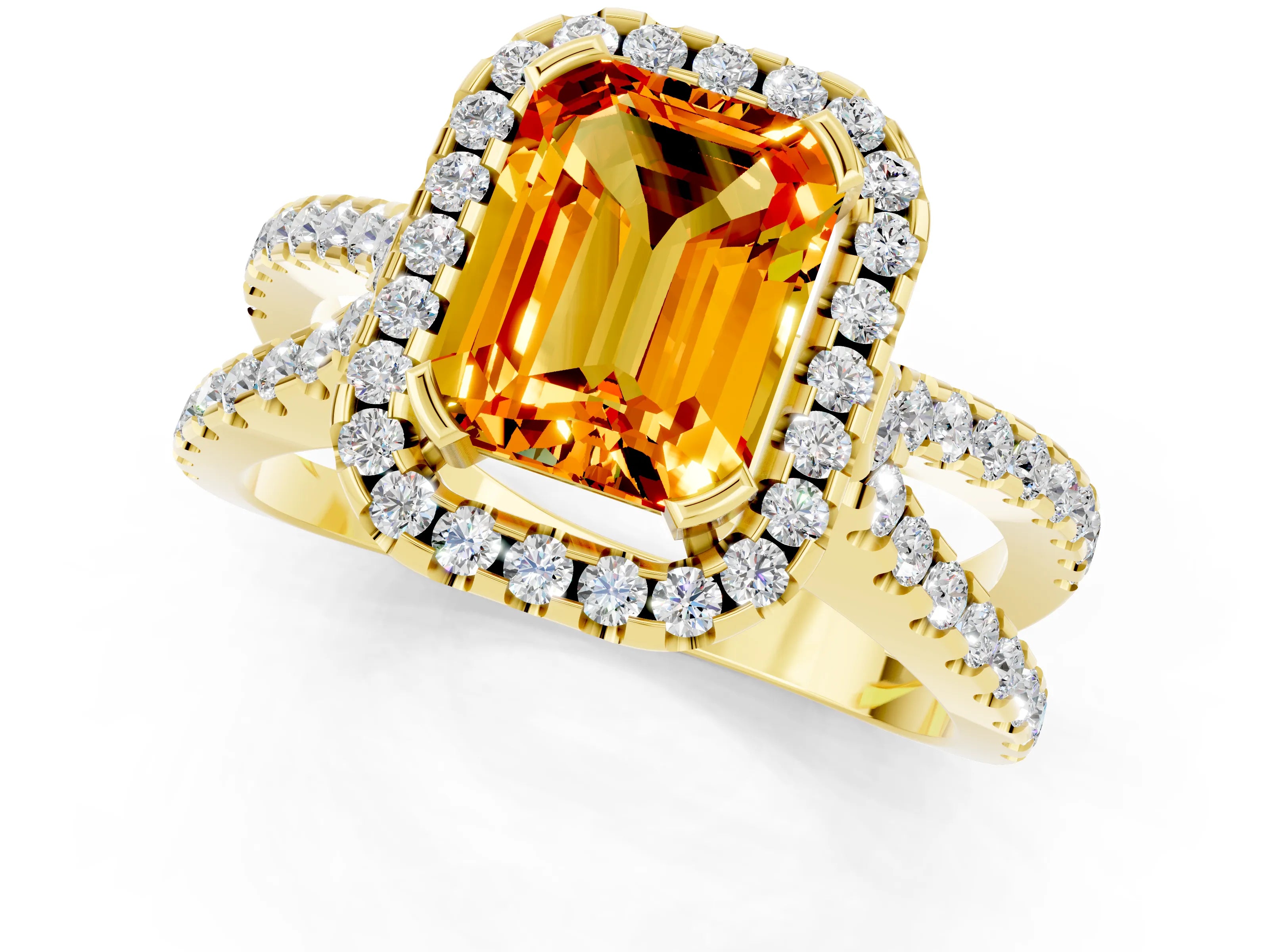 Yellow gold Emerald Cut Citrine Halo Ring with Split Shank Pavé Band and Prong Setting_1