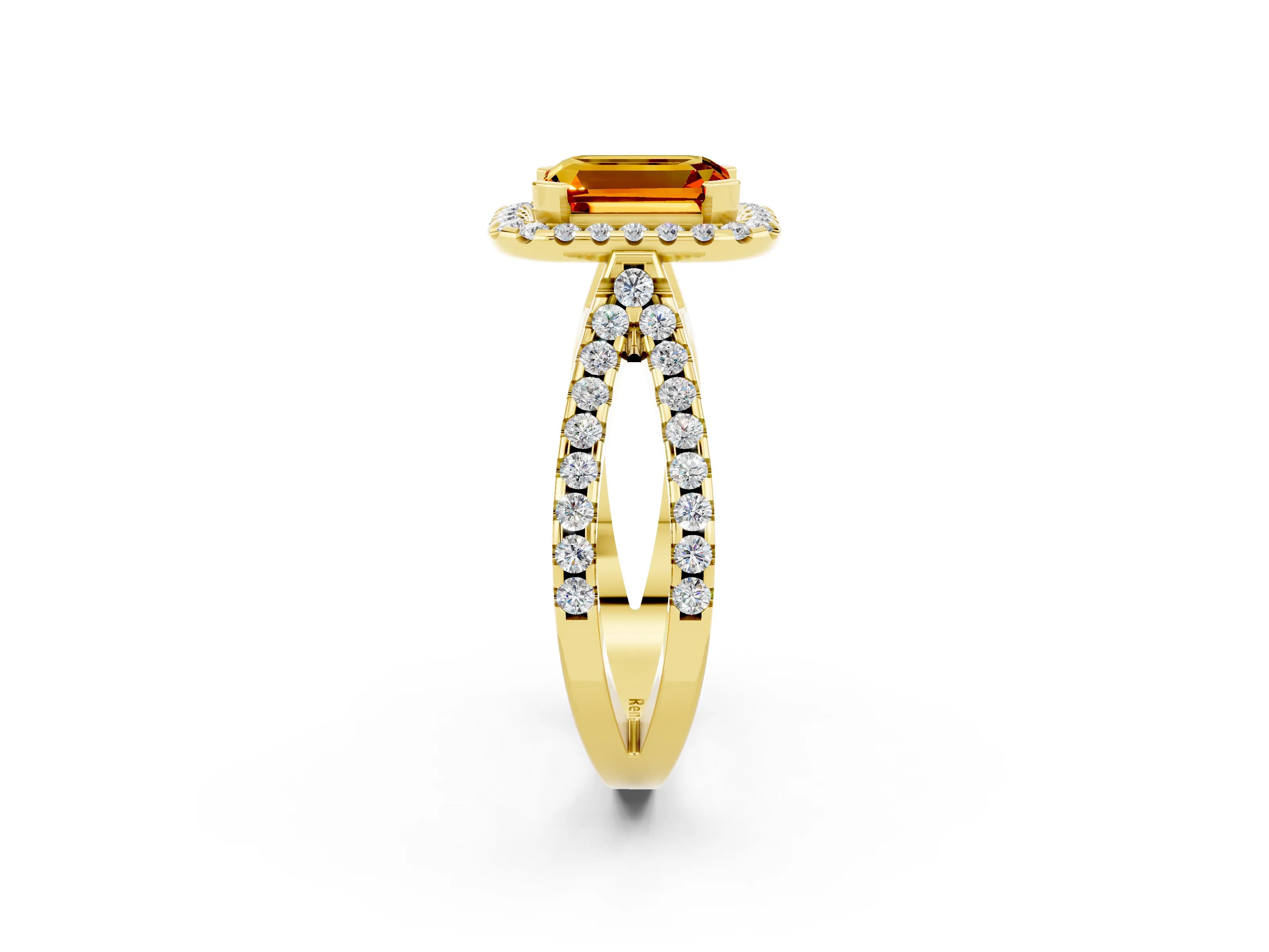 Yellow gold Emerald Cut Citrine Halo Ring with Split Shank Pavé Band and Prong Setting_2