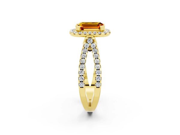 Yellow gold Emerald Cut Citrine Halo Ring with Split Shank Pavé Band and Prong Setting