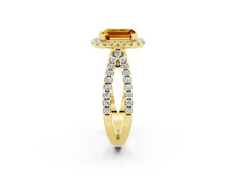 Yellow gold Emerald Cut Citrine Halo Ring with Split Shank Pavé Band and Prong Setting_2