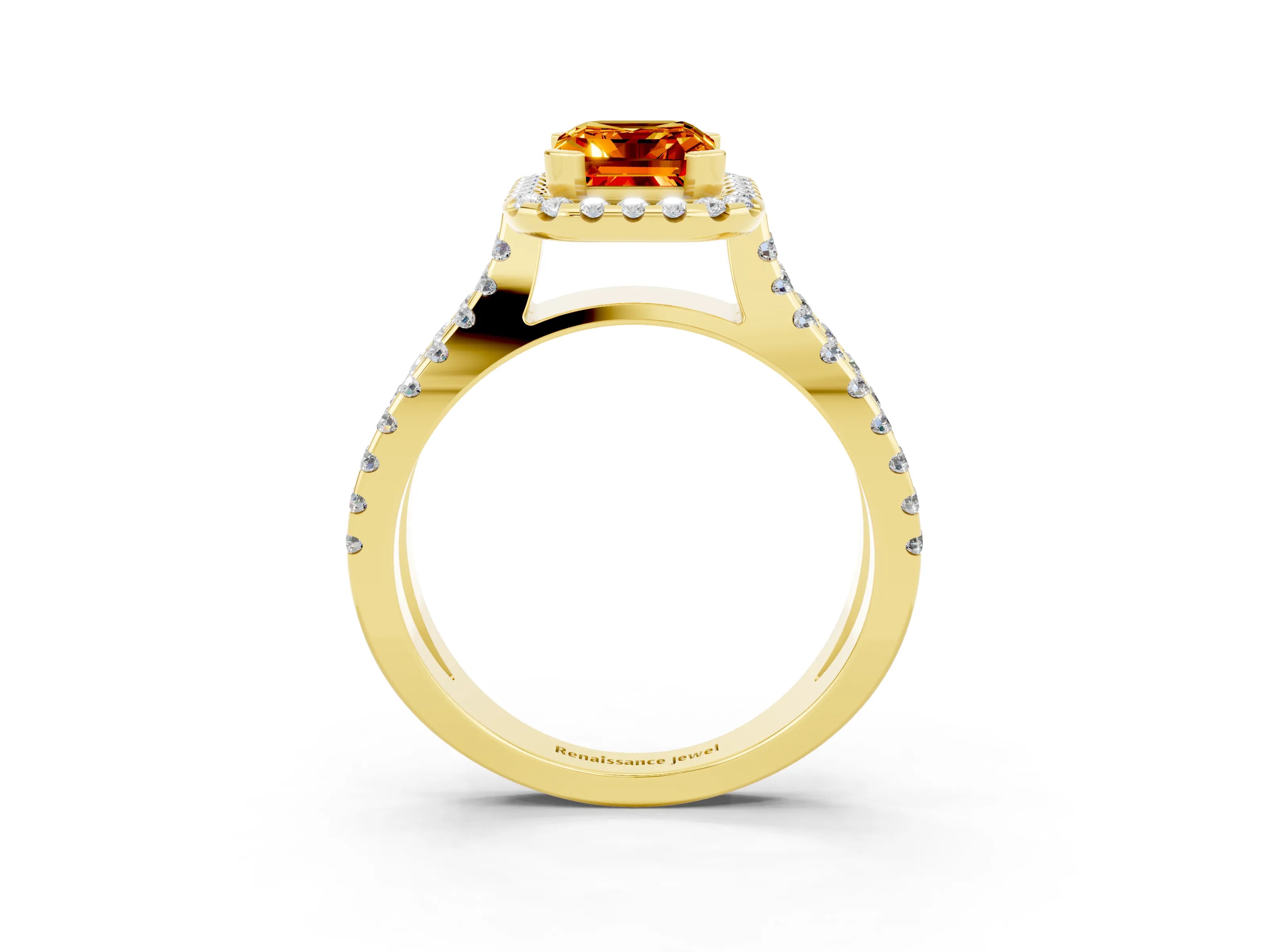 Yellow gold Emerald Cut Citrine Halo Ring with Split Shank Pavé Band and Prong Setting_3