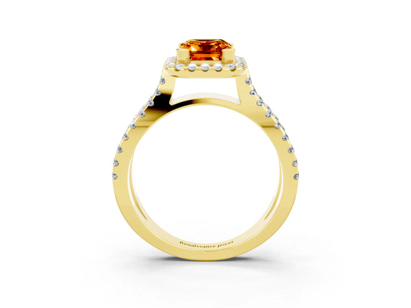 Yellow gold Emerald Cut Citrine Halo Ring with Split Shank Pavé Band and Prong Setting