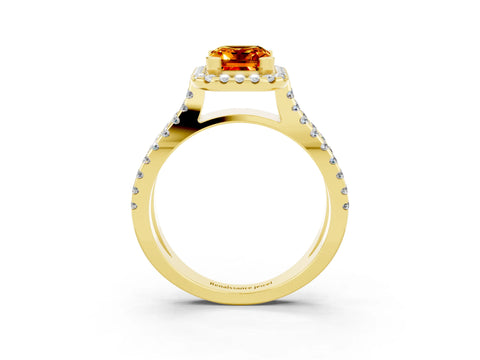 Yellow gold Emerald Cut Citrine Halo Ring with Split Shank Pavé Band and Prong Setting_3