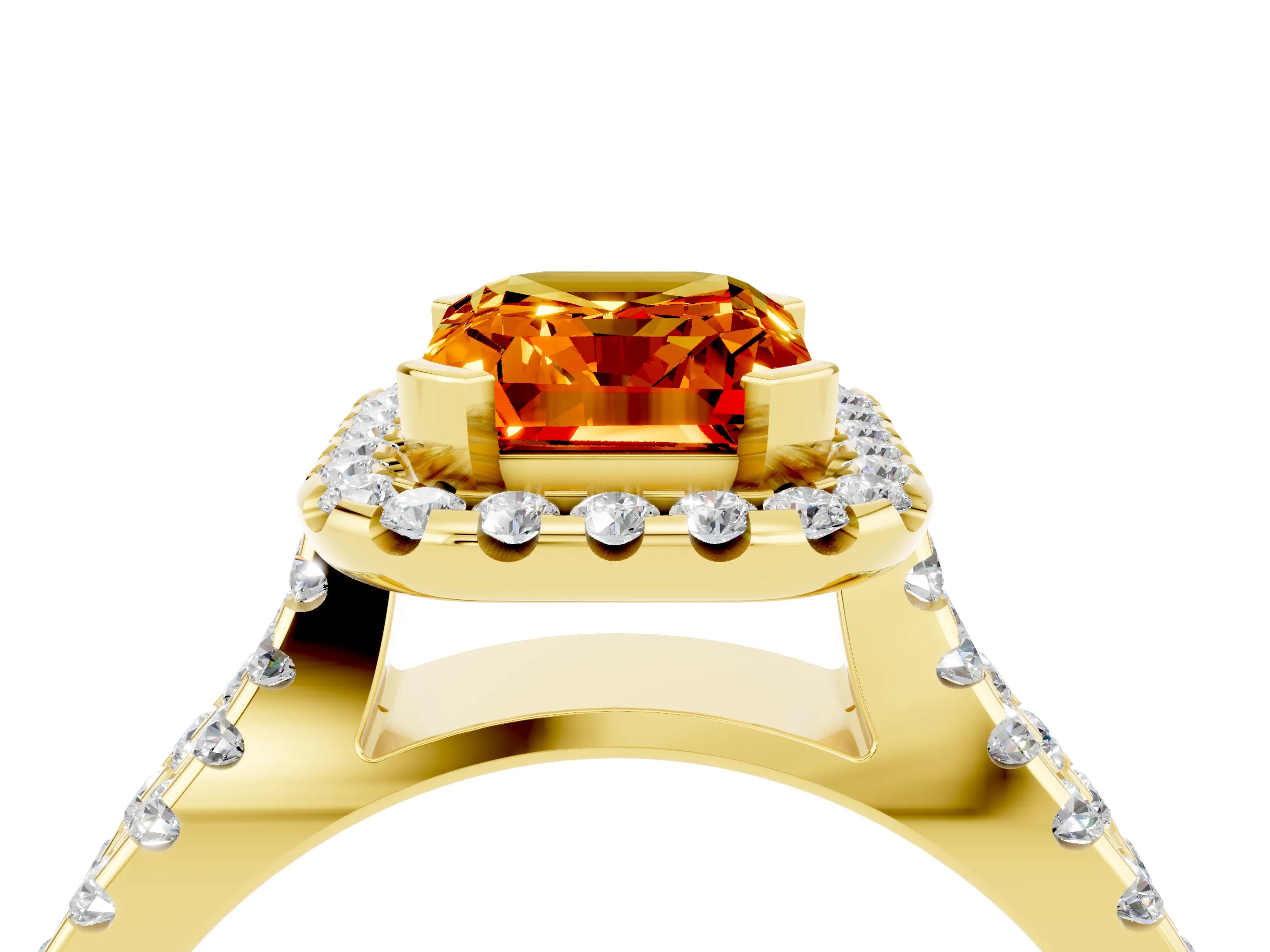 Yellow gold Emerald Cut Citrine Halo Ring with Split Shank Pavé Band and Prong Setting_4