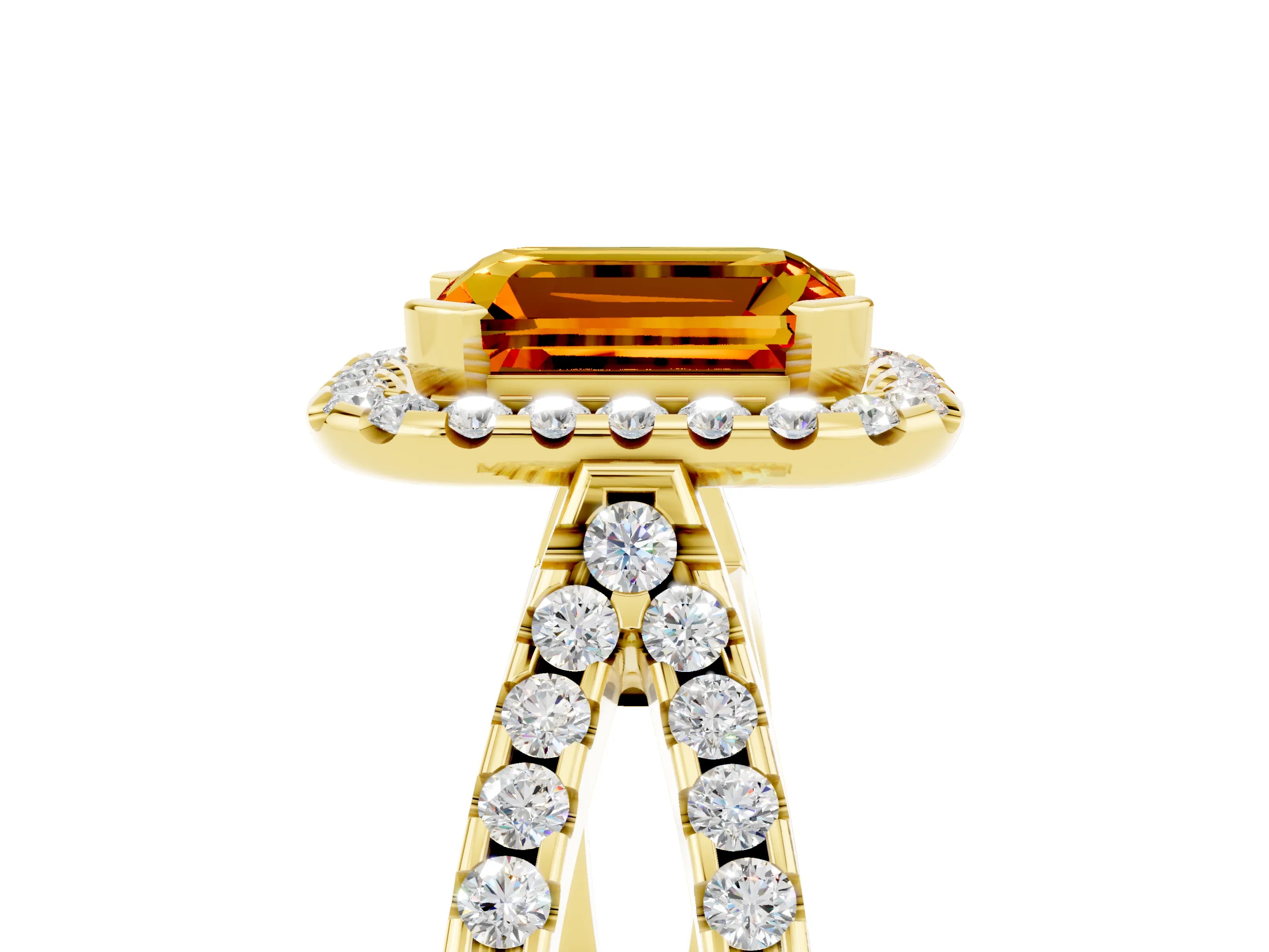 Yellow gold Emerald Cut Citrine Halo Ring with Split Shank Pavé Band and Prong Setting_5