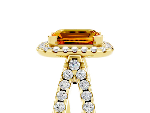 Yellow gold Emerald Cut Citrine Halo Ring with Split Shank Pavé Band and Prong Setting_5