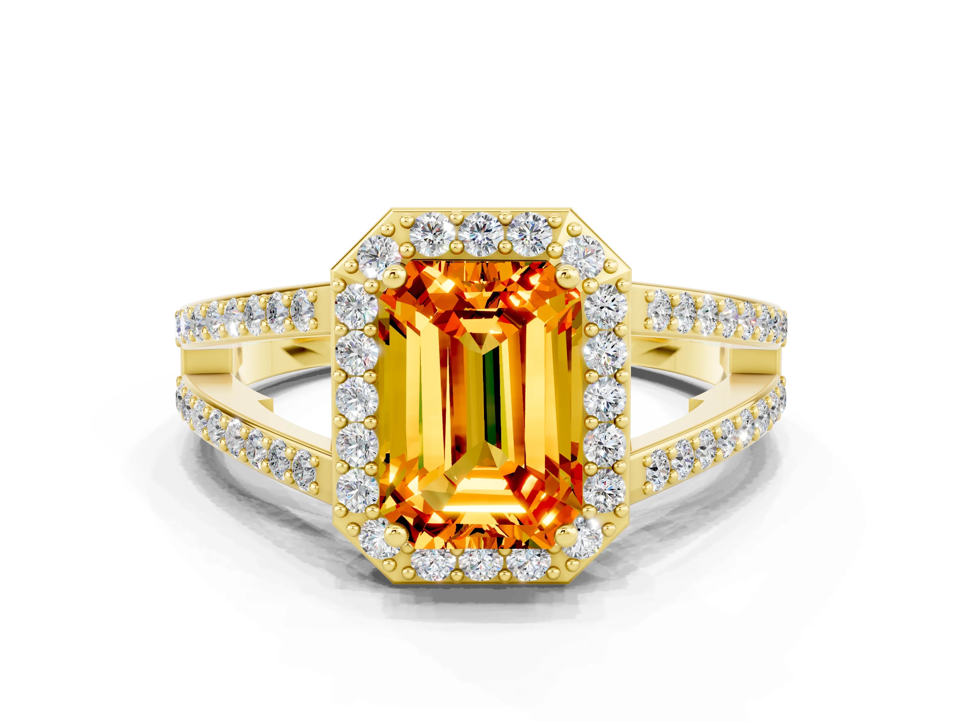 Yellow gold Emerald Cut Citrine Halo Ring with Split Shank U-Prong Band and Four-Prong Setting