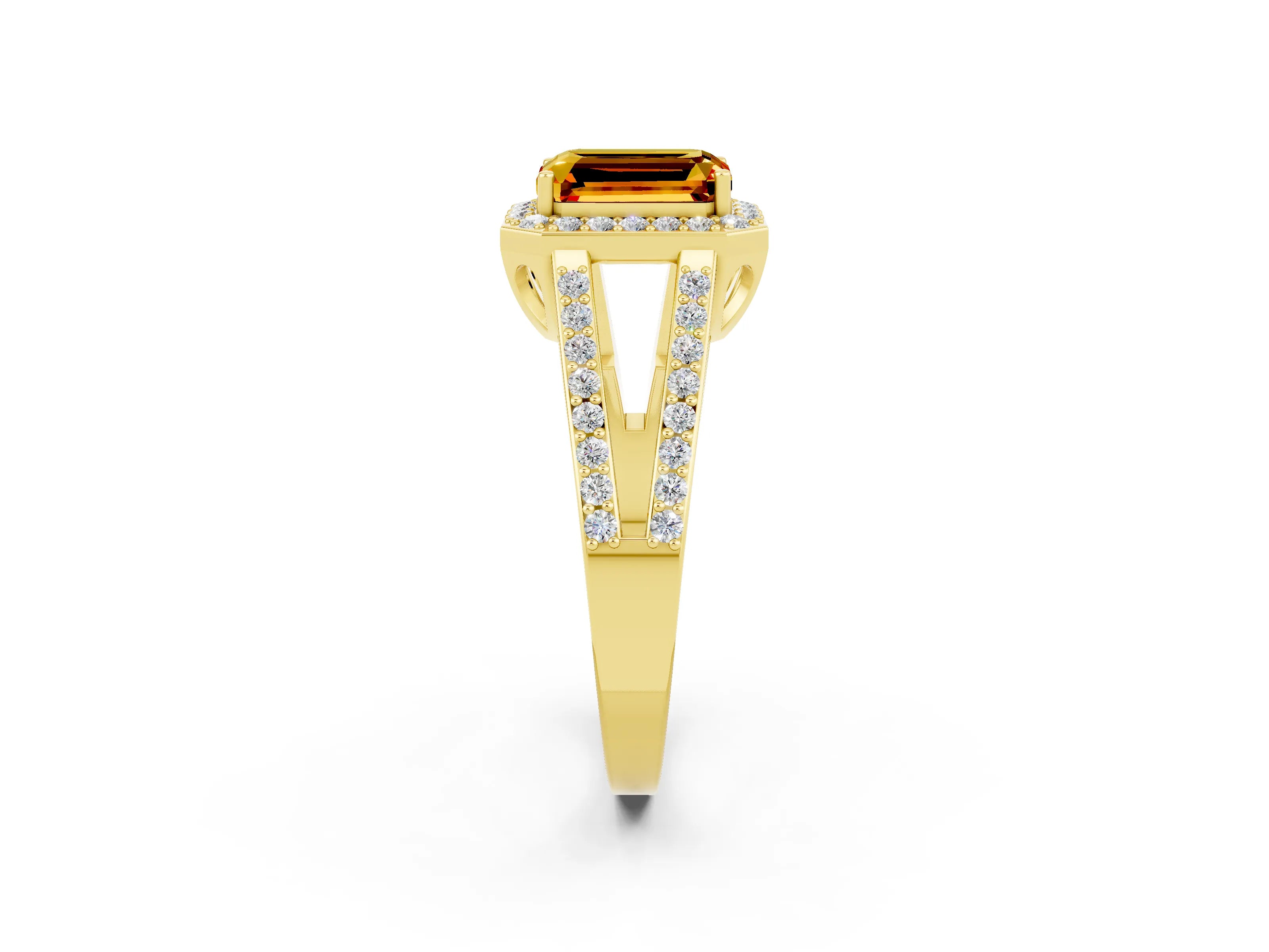 Yellow gold Emerald Cut Citrine Halo Ring with Split Shank U-Prong Band and Four-Prong Setting_2
