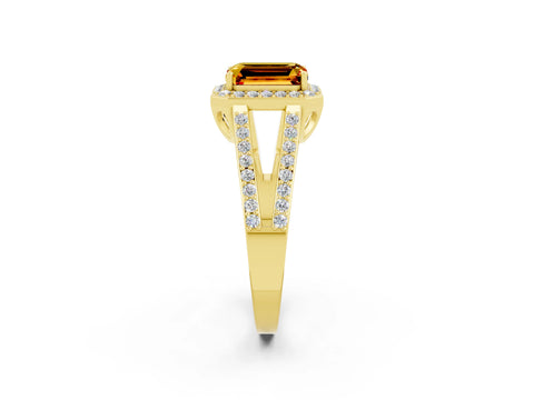 Yellow gold Emerald Cut Citrine Halo Ring with Split Shank U-Prong Band and Four-Prong Setting_2
