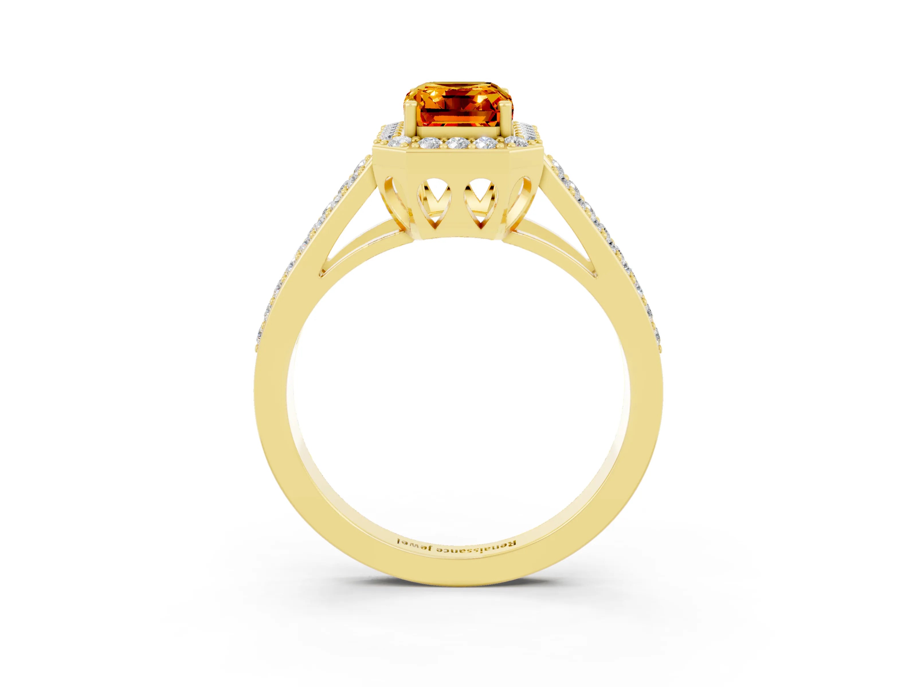 Yellow gold Emerald Cut Citrine Halo Ring with Split Shank U-Prong Band and Four-Prong Setting_3
