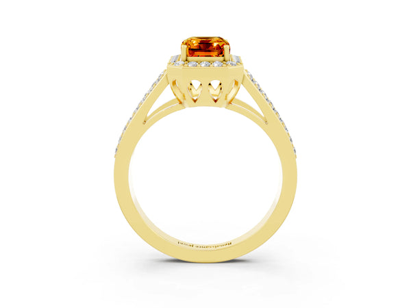 Yellow gold Emerald Cut Citrine Halo Ring with Split Shank U-Prong Band and Four-Prong Setting