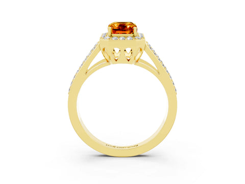 Yellow gold Emerald Cut Citrine Halo Ring with Split Shank U-Prong Band and Four-Prong Setting_3